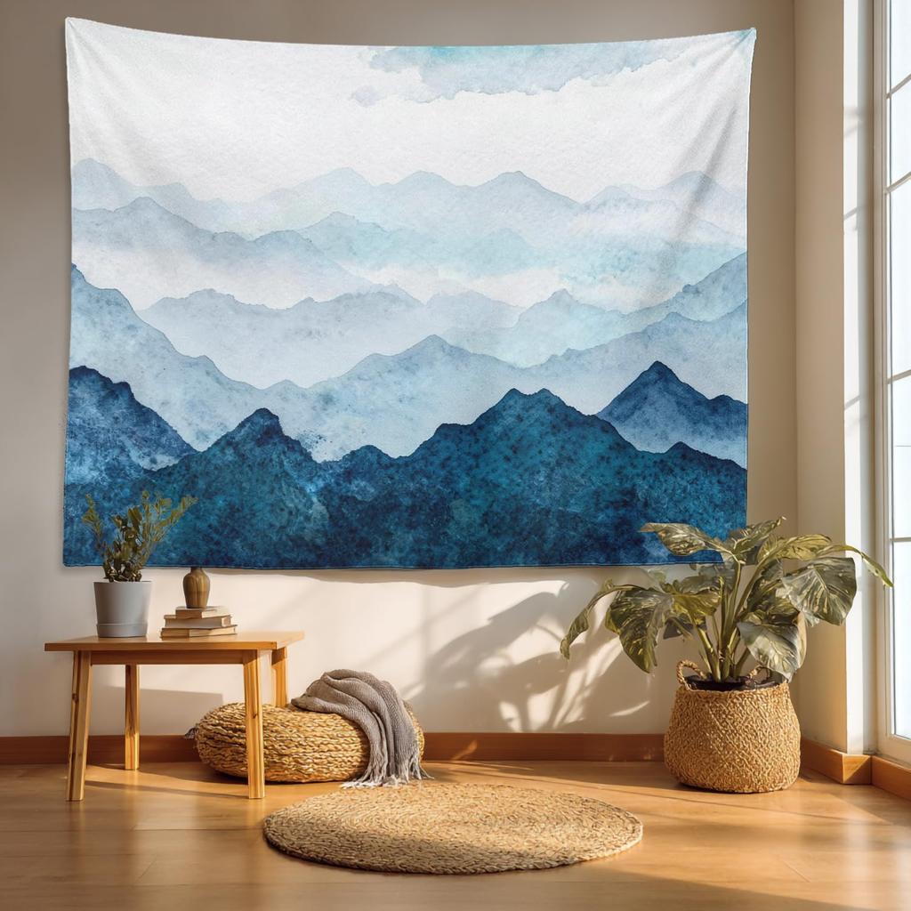 Navy Blue Watercolor Mountains Tapestry, Sky Wall Art Hanging Decoration Polyester Fiber White Ruffled Around For Dorm Room