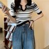 Black and White Striped Polo Collar Front Shoulder Short-sleeved T-shirt Women's Summer Design Sense Casual Short Lapel Knit Top