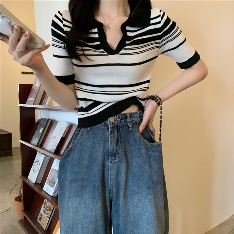 Black and White Striped Polo Collar Front Shoulder Short-sleeved T-shirt Women's Summer Design Sense Casual Short Lapel Knit Top