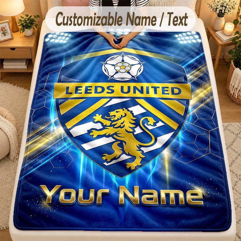 Flannel BlanketLeeds United Custom Name Text Personalized Soft Warm Throw Blanket Home Decor Gift