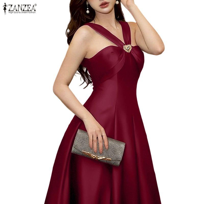 ZANZEA Elegantes Damen-Off-Shoulder-Ärmelloses Freizeit-Partykleid