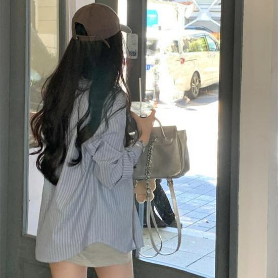 

Women s Blue Striped French Shirt with Embroidery - Autumn 2025 Casual Long Sleeve Top Small синий