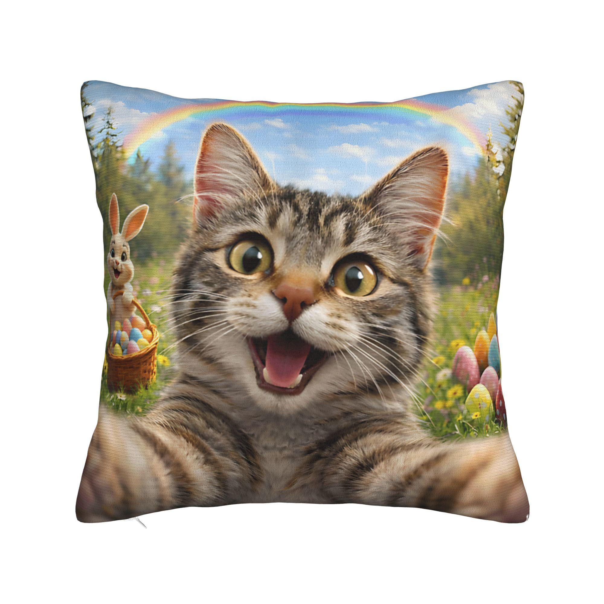 Easter Bunny Cat Selfie Cute Rabbit Kitten Meme Pillow Cover Pillow Case For Office Car Home Decor Graphic Pillowcases Gift 30x30cm 12x12in