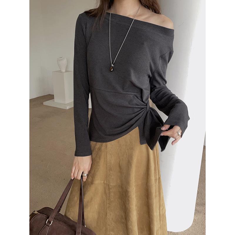 Ge Ming Irregular One-Shoulder Striped Long-Sleeve T-shirt - Women s Retro Autumn Top (N458C) One Size (90-125)