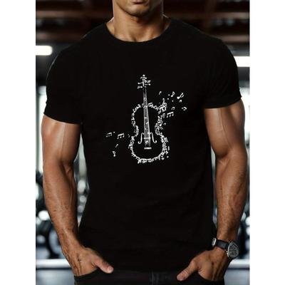 T-shirt da uomo con stampa di note musicali per violoncello, taglie europee - Top estivo casual a girocollo in maglia con leggera elasticità - Maglietta a fantasia geometrica, vestibilità regolare