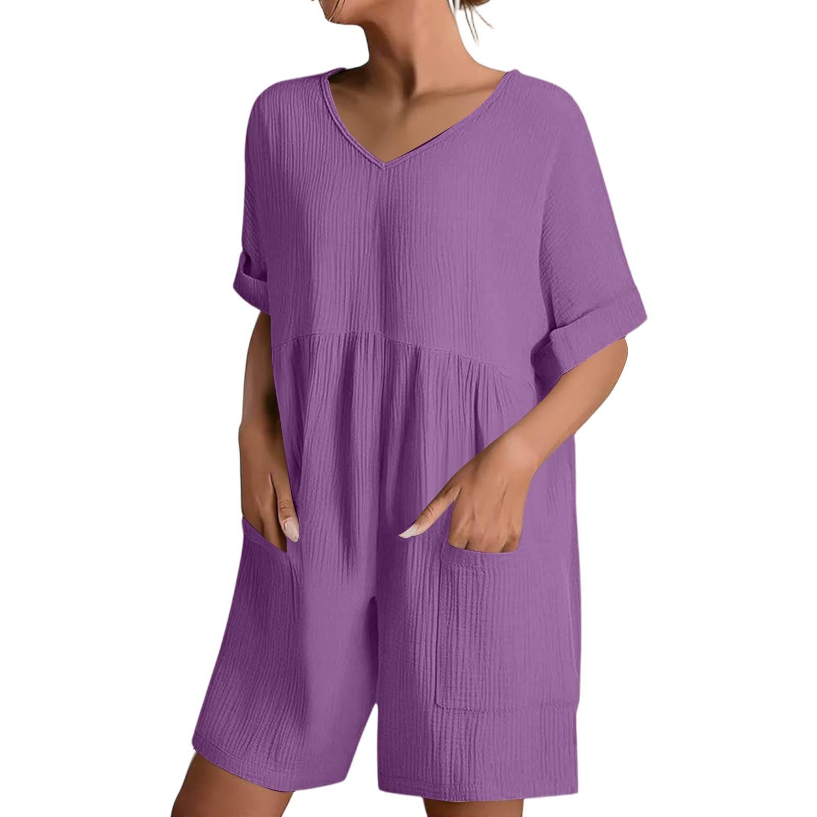 

Женские повседневные удобные шорты-комбинезон с v-образным вырезом, короткими рукавами и карманами M фиолетовый