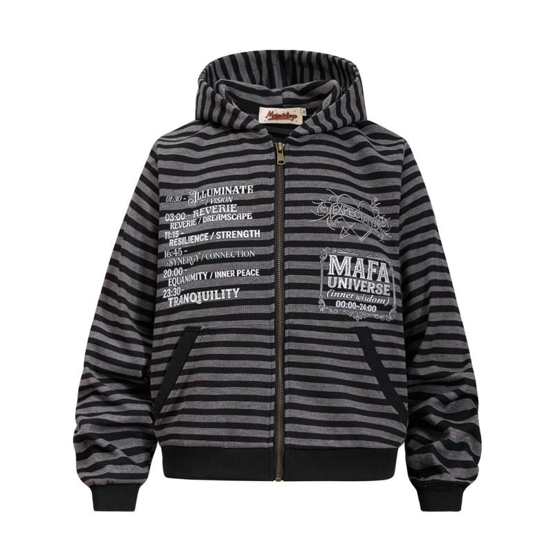 American Vintage Striped Zip Up Hoodie Men Women Distressed Print Rhinestone Loose Casual Jacket