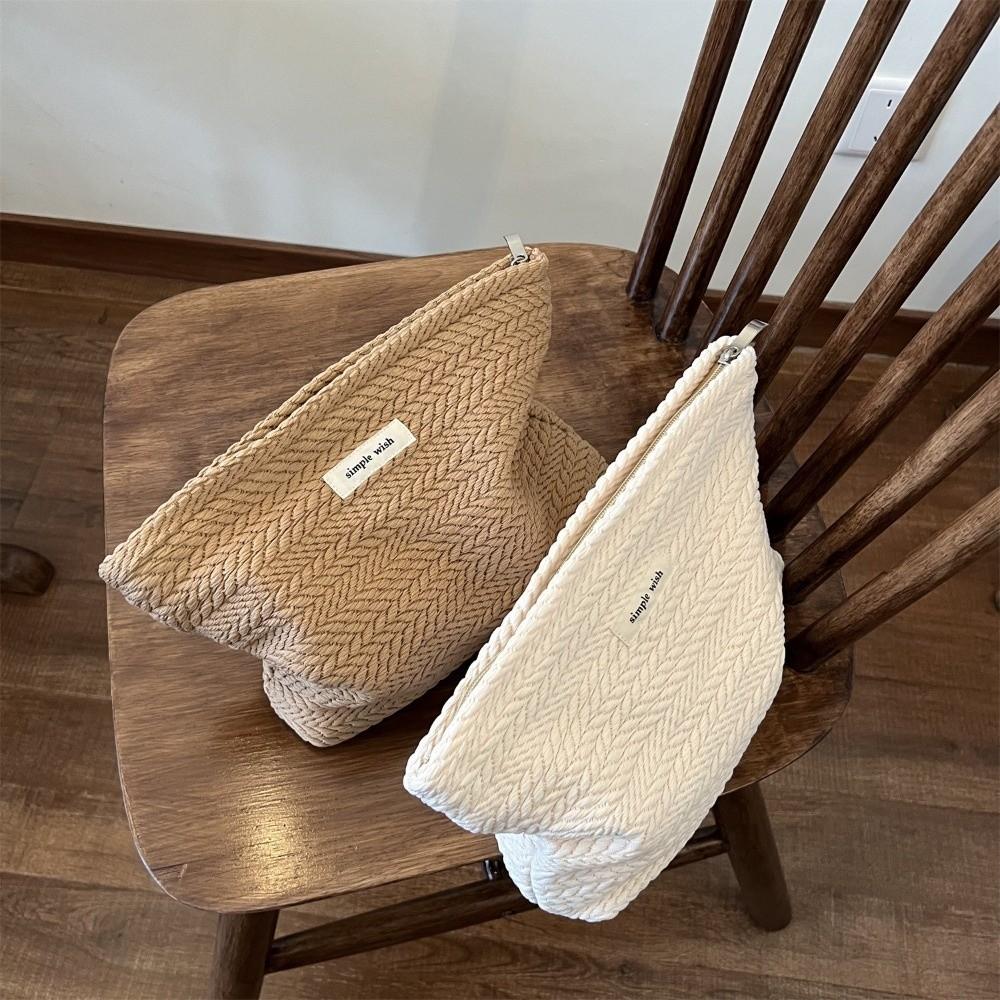 Woven Fabric Makeup Bag for Women Solid Color Canvas Clutch Bag Toiletry Storage Bag  Travel