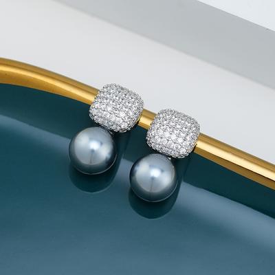 Full Of Diamonds Zircon Square Pearl Earrings Silver Needles Simple Temperament High-End Earrings Women'S French Light Luxury Stud Earrings