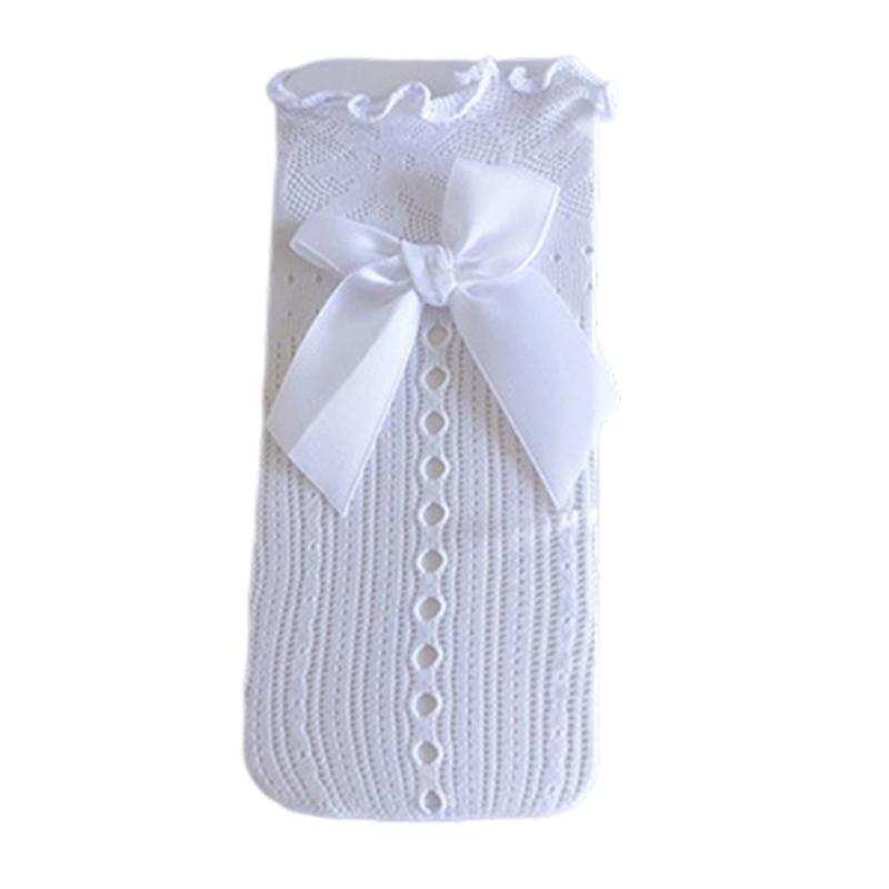 Breathable Middle Calf Socks For Girls Ruffle Trim Bowknot Accents Soft Casual Party Wear Lace Knee Length Stockings