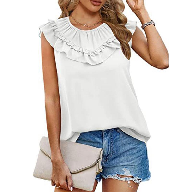 Sommer T-skjorte for kvinner med rund hals Plissert treørekant collage Ermeløs T-skjorte Tank Top Vest