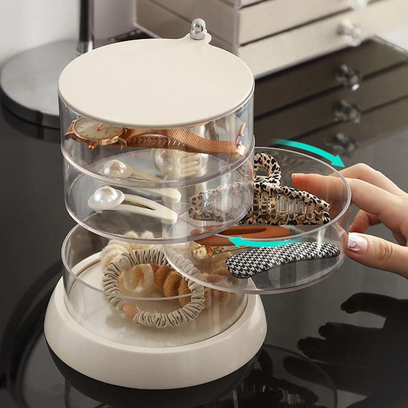 Transparent rotating jewelry organizer with multiple layers, large-sized cushion puff and beauty sponge storage rack, rotatable