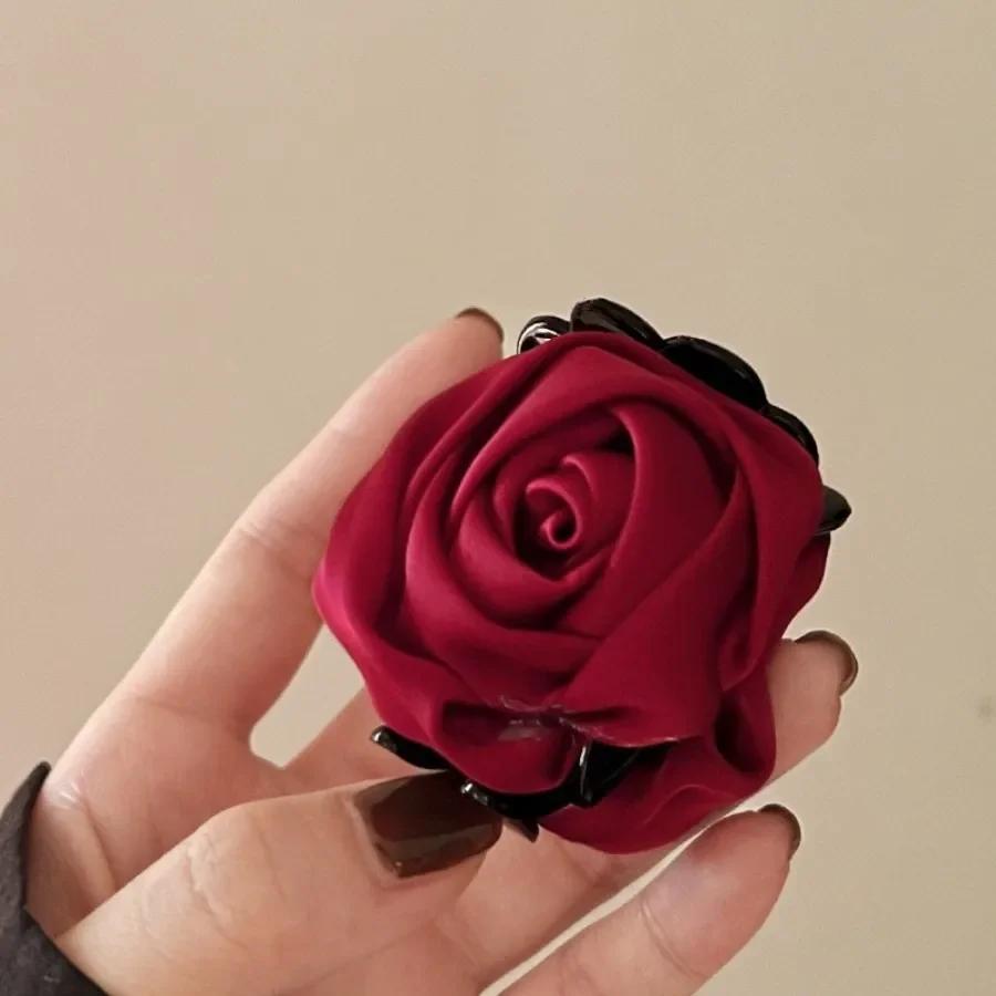Stain Rose Flower Hair Claw Women Girls Elegant Hair Clip Back Head Shark Clip Small Flower Grip Clip Sweet Cute Fashion Hairpin