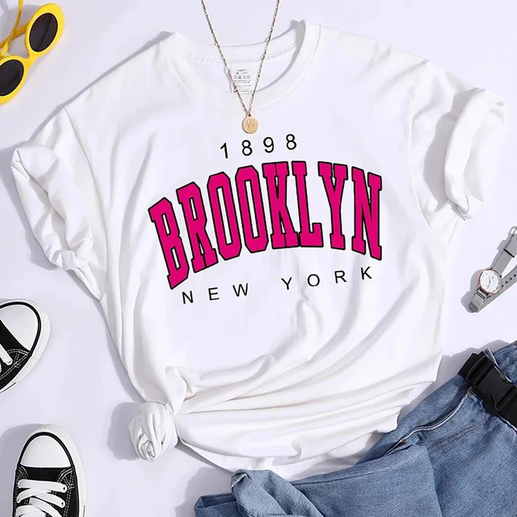 ZX TEE 1898 Brooklyn New York Print T Shirt Women 2025 New Summer Tees O-Neck Tops Y2K Fashion Top Streetwear Casual Short Sleeve
