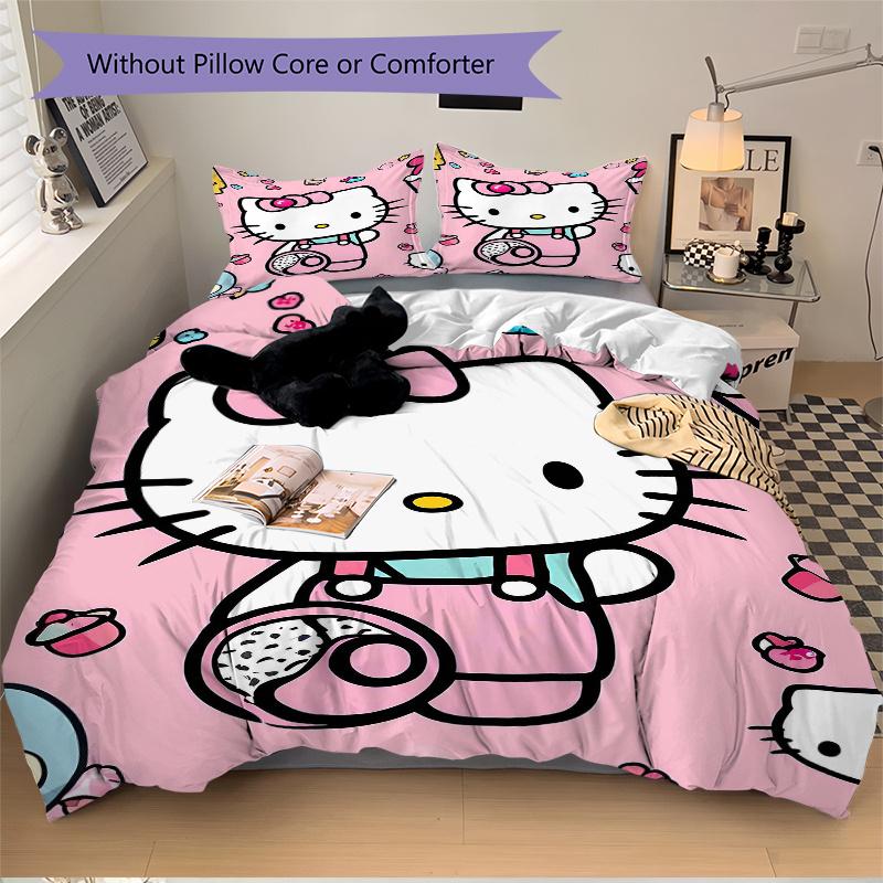 3pcs Hello Kitty's Whimsical Journey Through Colorful Treats and Friends Quilt Set Soft and Comfortable Bedroom, Guest Room and Dorm Decor Bedding