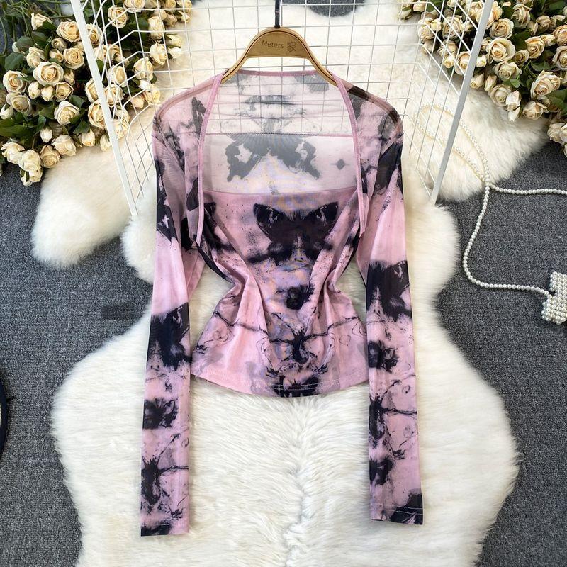Long Sleeve Square-Neck Tie Dye Mesh Sunscreen Slim Fit Fake Two-Piece