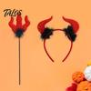 Three Pronged Cane Prop Halloween Red Devil Costume, Glitter Horn Headband And Trident Costume Accessories for Cosplay, Masquerade Party Performance