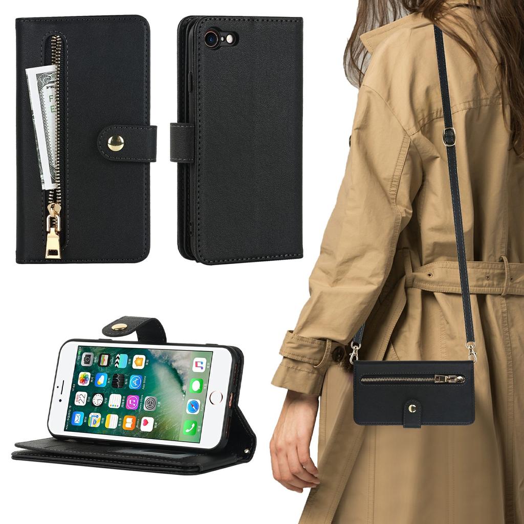 Stand Case for iPhone SE (2022)/(2020)/8/7 PU Leather Phone Cover with Straps/Zipper Wallet/Multiple Card Slots