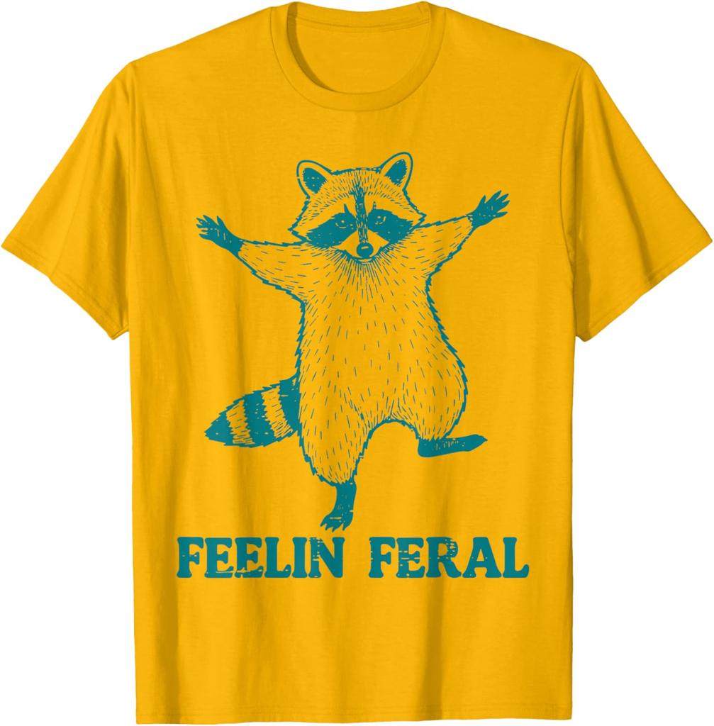 Raccoon Feelin Feral Funny Graphic Tee Casual Short Sleeve Cotton TShirt for Men Women