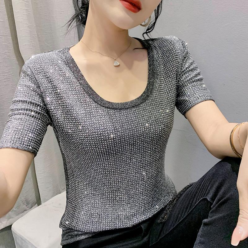Women S-3XL Size Round Neck Rhinestone Shiny Base Shirt Temperament Fashion Short Sleeved Slim Pullovers Top