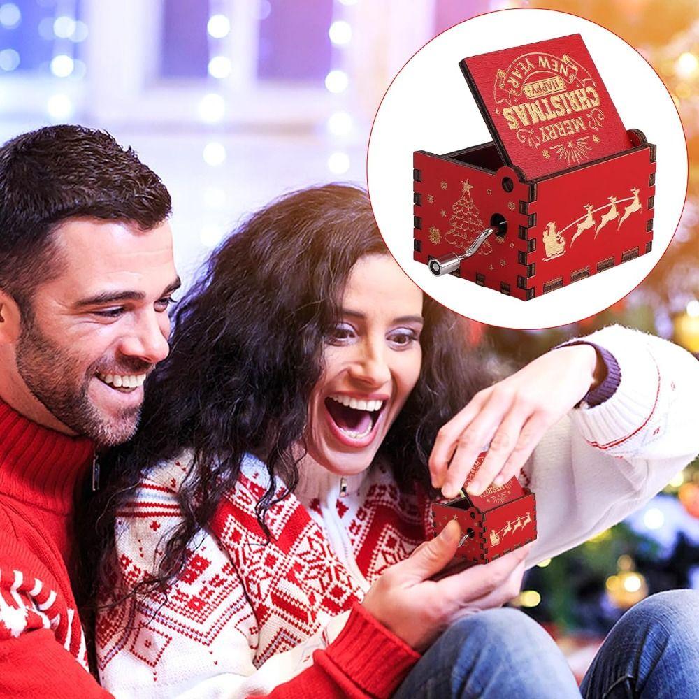 Red Hand-cranked Music Box DIY Santa Claus Wooden Box Fashion Music Box Ornaments  Decoration Gift