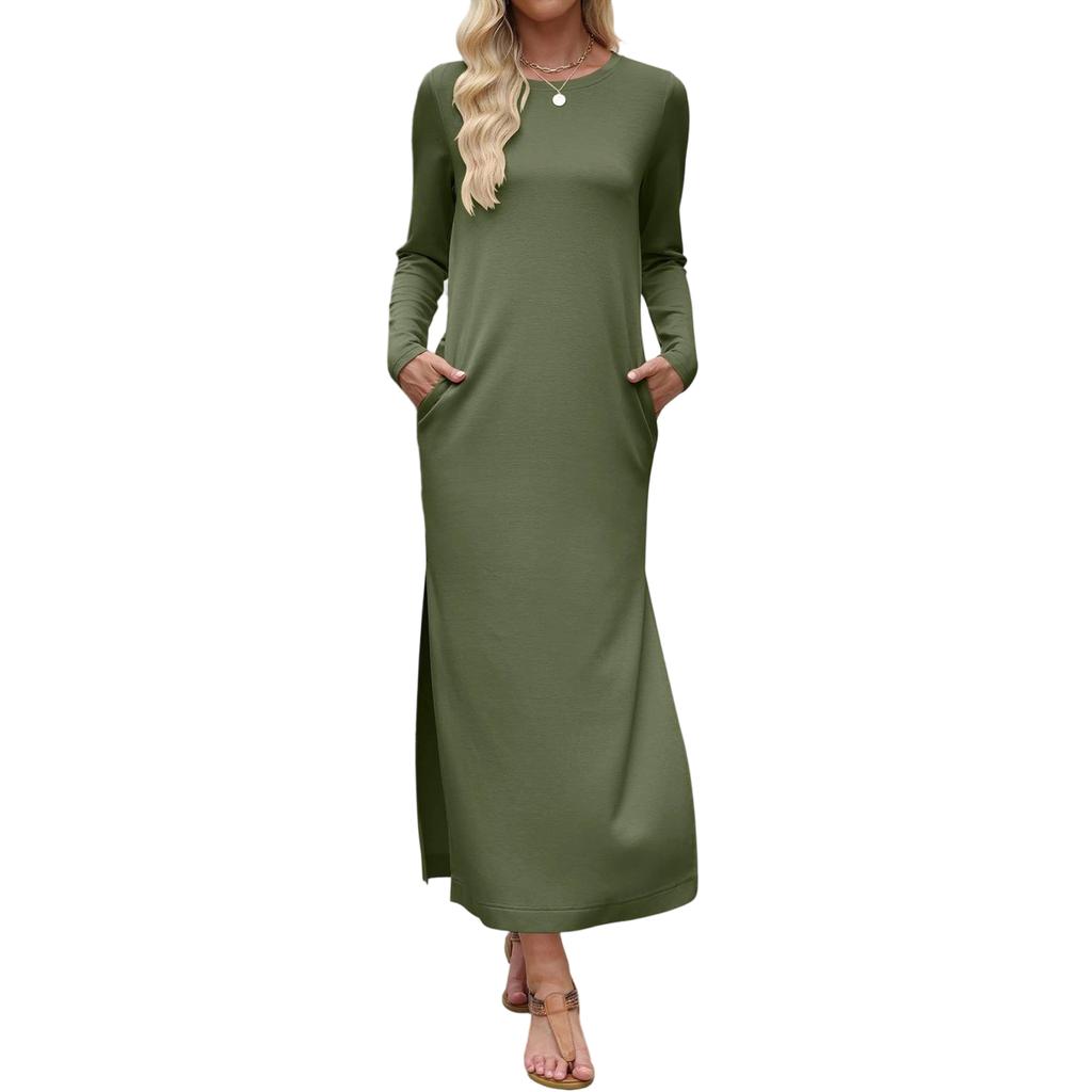 Women's Long Sleeve Solid Color Split Hem Maxi Dress with Double Pockets Straight Cut Casual Long Dress