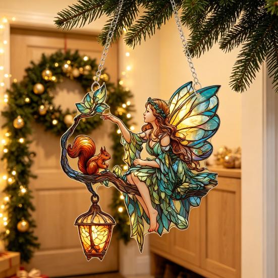 Xmas Tree Door Decorations Fairy & Gnome Christmas Acrylic Suncatcher, 2D Fantasy Elf Dwarf Window Hanging Unique Baubles Decor with Stained