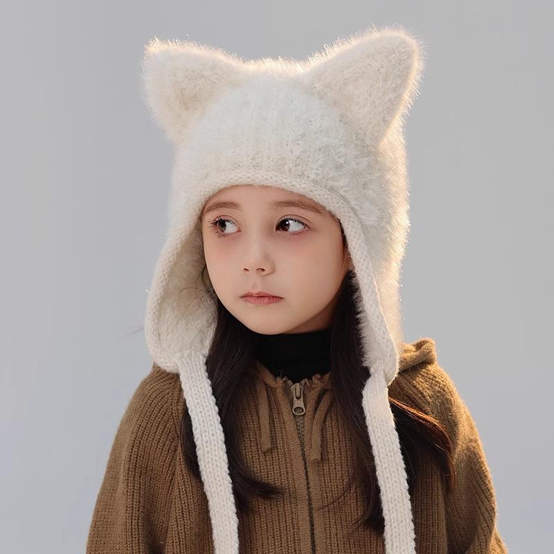 New Winter Kids Knitted Hat for Girls Boys Cartoon Warm Cat Ears Children Beanie Cap Plush Warm Child Bonnet Hats Bonnets