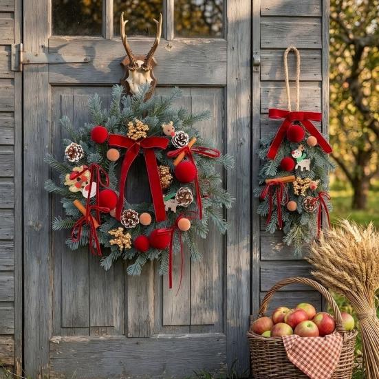 Handmade Wreath for Balcony Christmas Artificial Garland with Pinecones Cinnamon And Red Bows, Decorative Hanging Front Door Pendants Winter