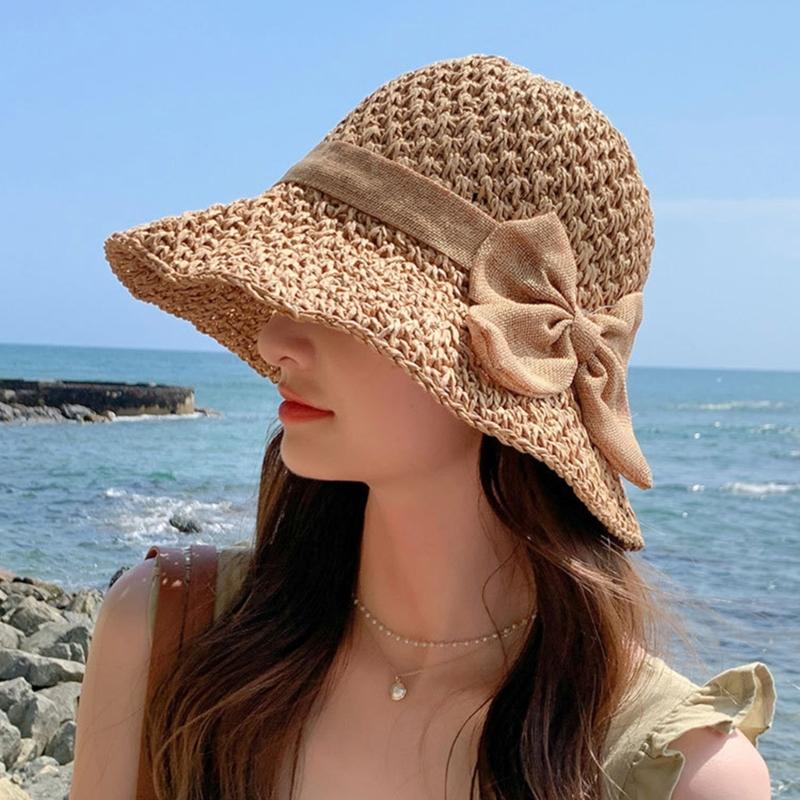 Elegant Bows Straw Hat for Women Breathable Summer Beach Hat Sun Protections Wide Brims Fisherman Cap