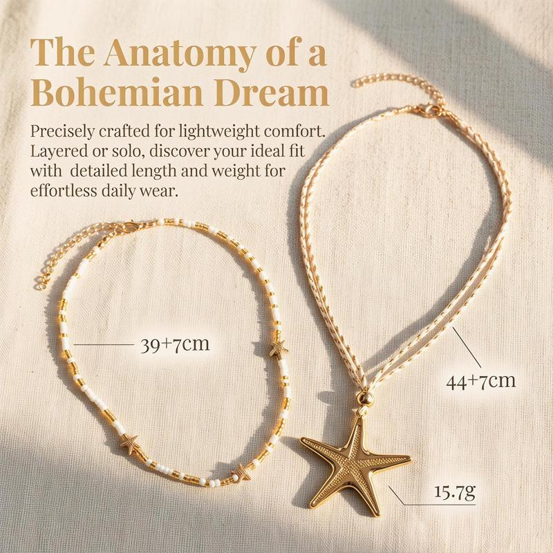 Bohemian Large Star Long Necklace for Women Y2K Starry Beaded Double Layered Clavicle Chain Fashion Seaside Vacation Jewelry