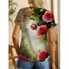 Women's Elegant Rose Print T-Shirt Crew Neck Top with Slight Stretch Fabric, Vibrant Floral All-Season Comfort Fit, Ladies T Shirts, Casual Wear