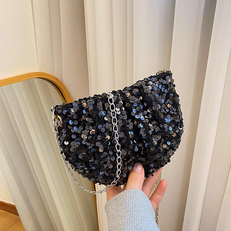 Chic Spring Fashion Bucket Bag For Women With Unique Chain Design And Stylish Sequins In Black Silver Or Colorful Options Black