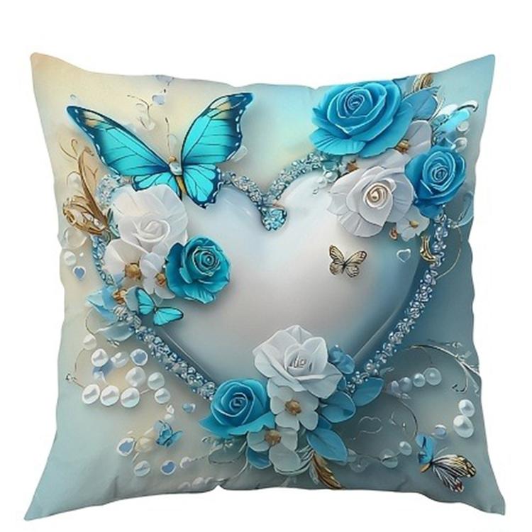 Valentine's Day Navy Blue Heart Shaped Butterfly Floral Pillowcase Suitable for Sofa Car Bedroom Decorative Cushion Cover