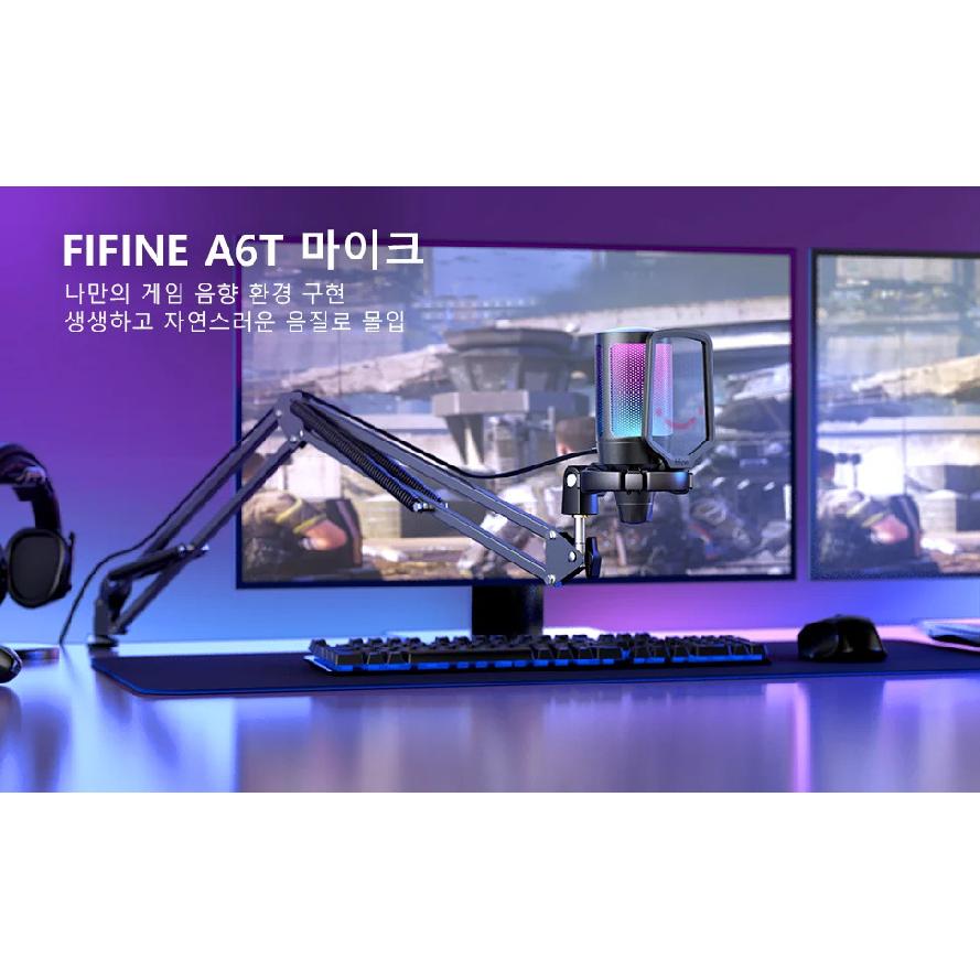 FIFINE USB Gaming Microphone Kit for PC,PS4/5 Condenser Cardioid Mic Set with Mute Button/RGB /Arm Stand,for Streaming Video-A6T