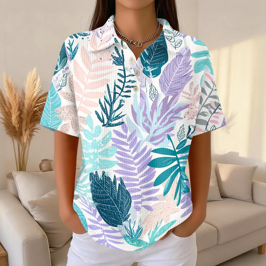 Women Casual Short Sleeve Hawaiian Print Waffle Knit Polo Shirt Lightweight Breathable Summer Top Relaxed Fit