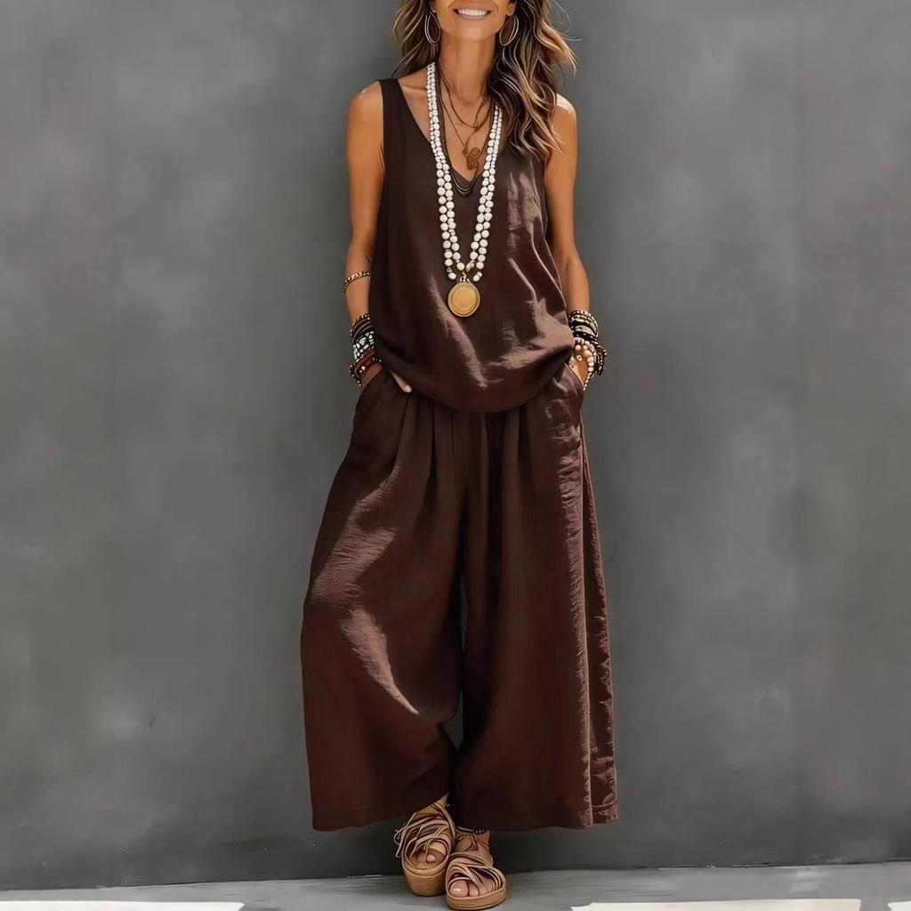 1116 European and American solid color casual sleeveless vest and wide-leg pants cotton and linen women's suit