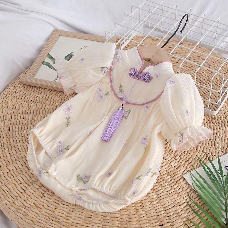 Baby Girl Summer Dress, Infant Summer Short-Sleeve Romper, Chinese Style Cheongsam Mini Skirt, One-Piece Crawling Outfit for Summer