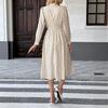 Women's Polka Dots Bow Front Dress Elastic Waist Ruched Flowy Hem Long Sleeve A-Line Midi Wedding Party Dresses