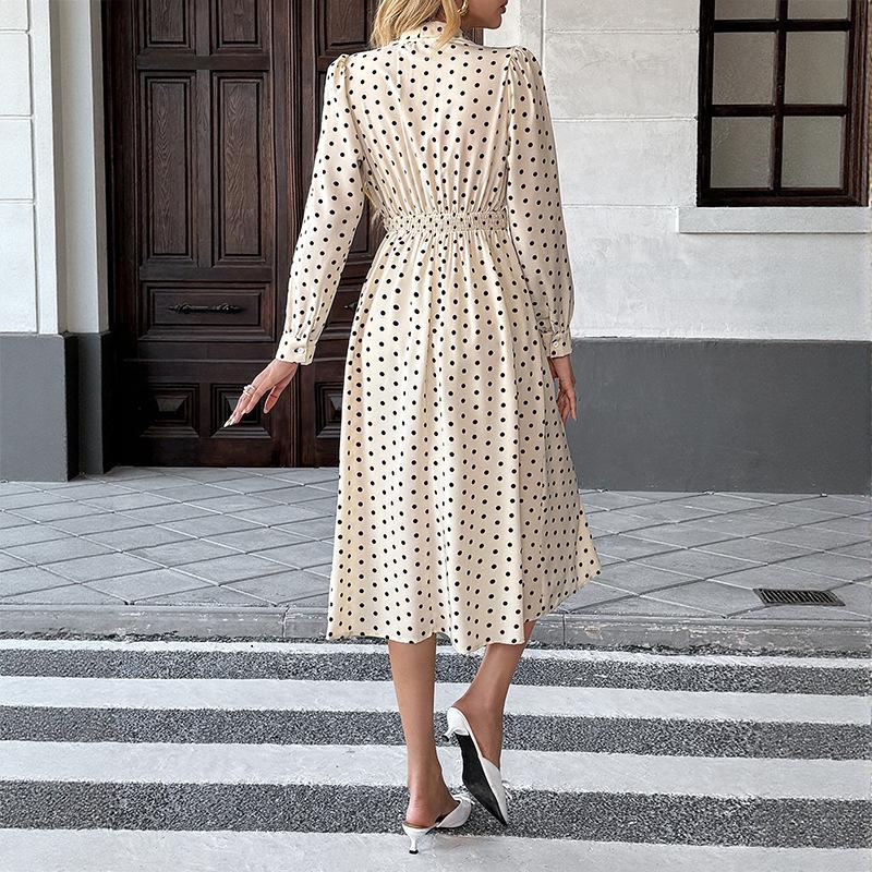 Women's Polka Dots Bow Front Dress Elastic Waist Ruched Flowy Hem Long Sleeve A-Line Midi Wedding Party Dresses