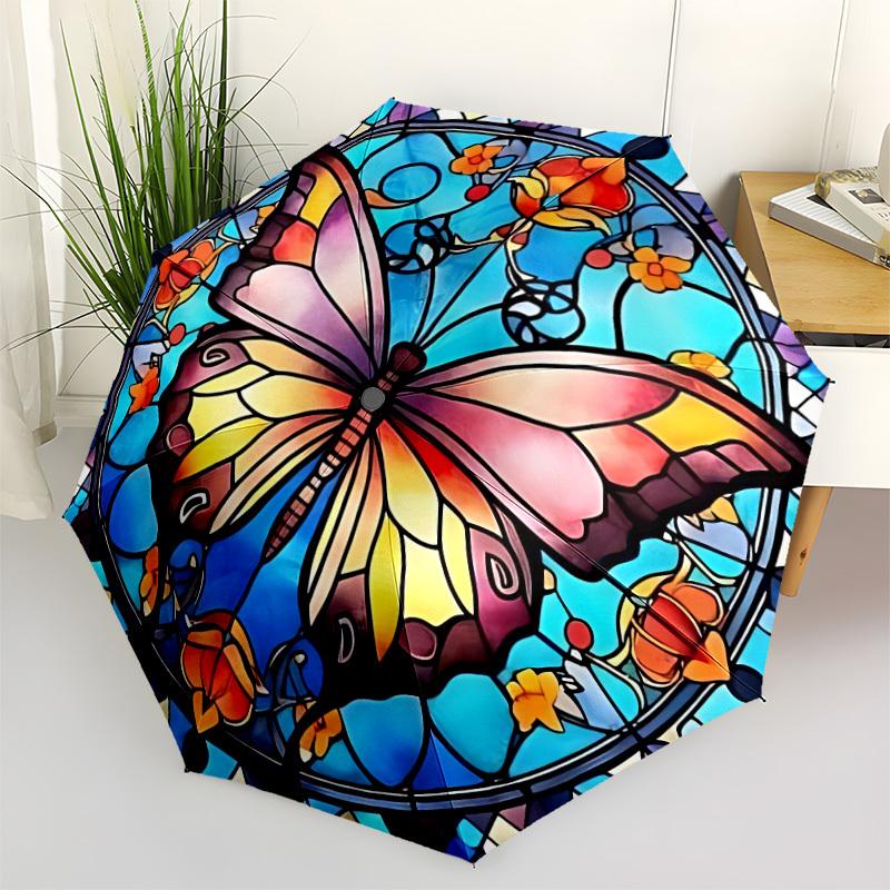 1pc Butterfly StainedGlass Compact Travel Umbrella, Automatic Folding Lightweight Windproof 8-Bone Reinforced Design, Portable for Backpack
