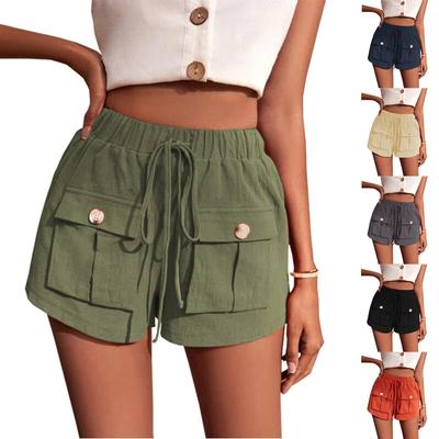 Women's Summer Fashion Casual Solid Color Small Pockets Mid Waist Drawstring Work Shorts