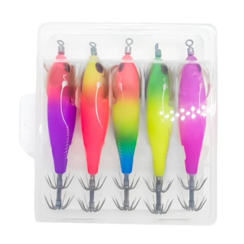 5Pcs 8cm Glow Squid Jigs Shrimp Lures Baits Squid Jigs Glow Jigs Hook for Freshwater Saltwater Fishing Artificial Baits