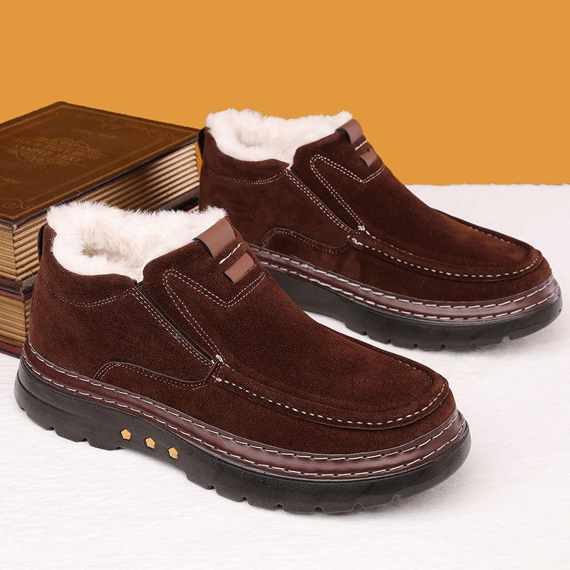 Men's Winter Fleece Thickened Cotton Boots High Top Genuine Leather Slip Resistant Soft Sole Snow Boots Korean Fashion Design