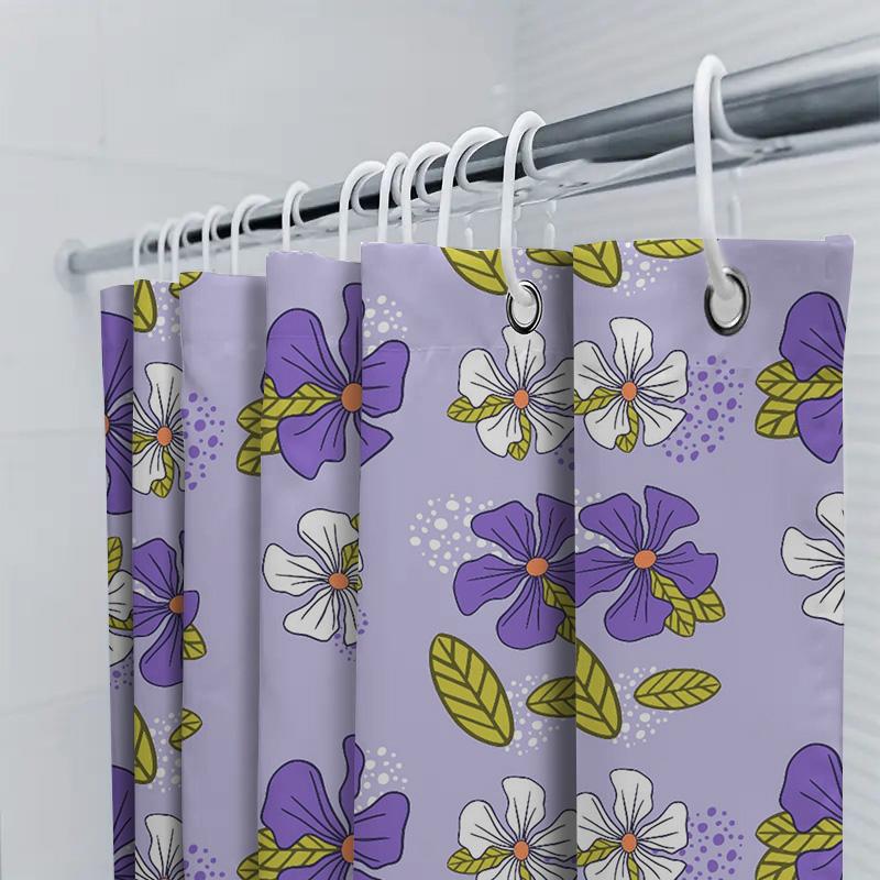 Purple White Floral Shower Curtain, Polyester Fabric, Home Decor Bathroom Accessory Set For Kids Bathrooms Modern Design With Le