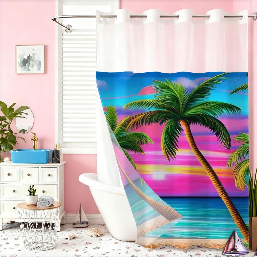 No Hook Beach Coconut Tree Shower Curtain With Snap-In Fabric Liner, Sheer Top Window, Waterproof Double Layer Bathtub Curtain