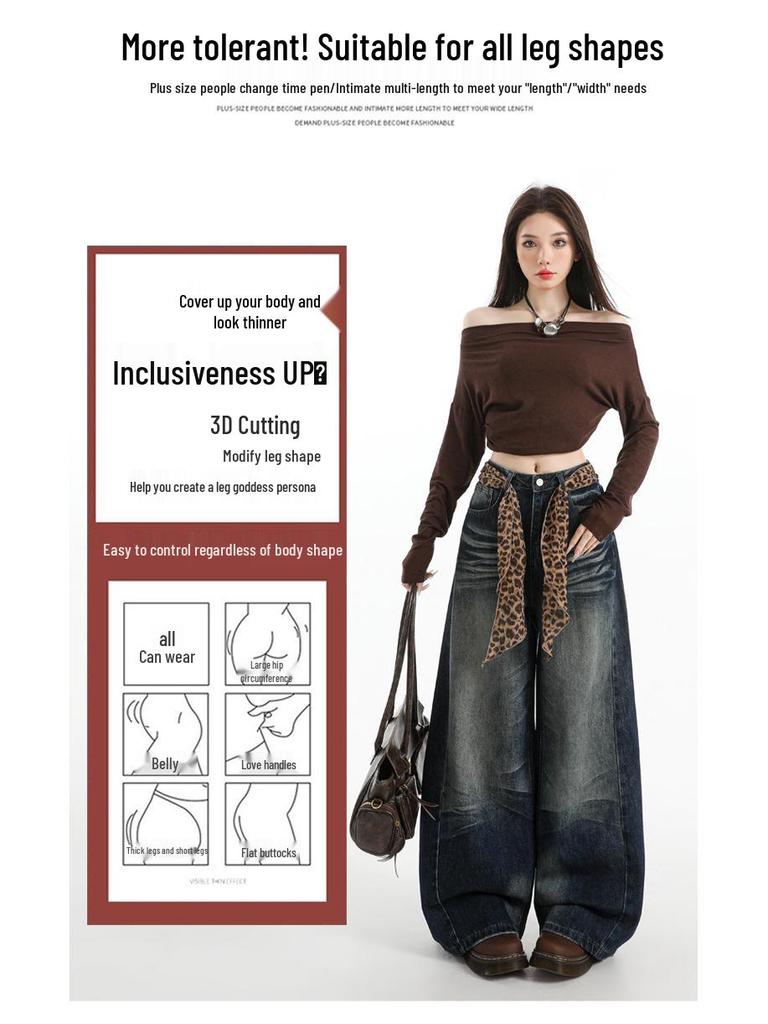 Women's Retro High Waist Blue Wide-Leg Jeans - Versatile, Loose Fit, Autumn Fashion.