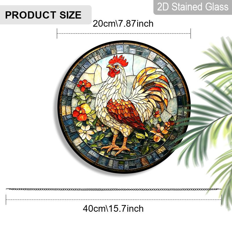2D Flat Stained Glass Rooster Window Decoration, 6.3/7.87inches Colored Glass Plate with Chain, Charming Sun Catcher Home Decor, Unique Holiday
