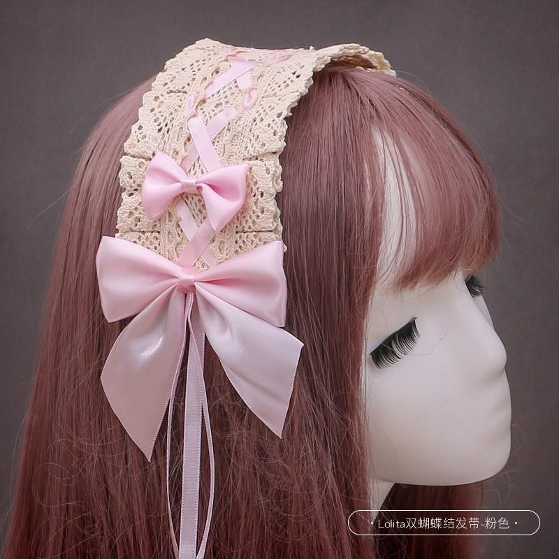 Handmade Sweet Lolita Hair Accessory Set - Lace Bow Clip Headband Tea Party Style