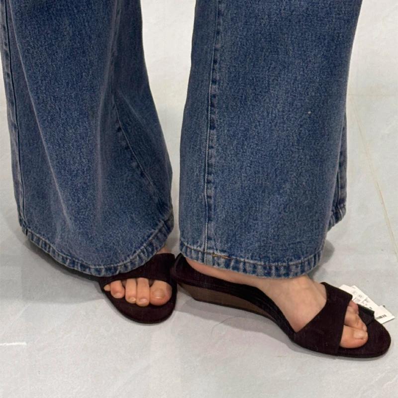 Light Luxury Wedge Sandals Fashion Simple Textured High-heeled Open-toed Sandals Brand Design Lady Versatile Solid Color Sandals